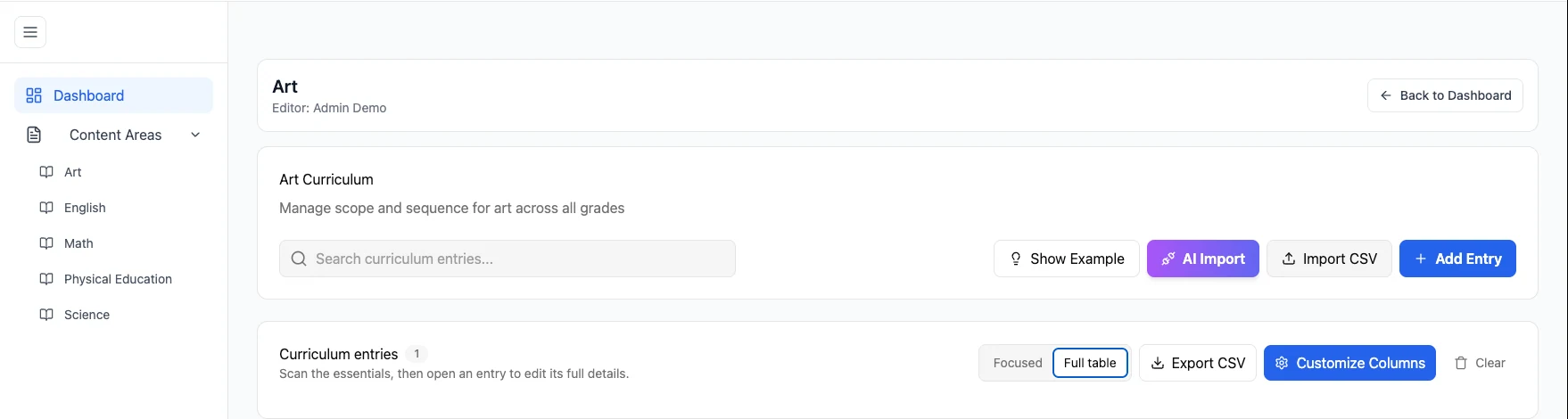 Scopeflow Art curriculum workspace with AI Import, CSV import, entry creation, and table customization controls